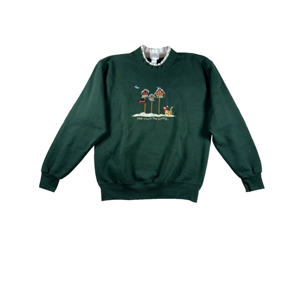 Vintage Top Threads Green Crewneck Sweatshirt Birdhouse Embroidery Cozy Casual